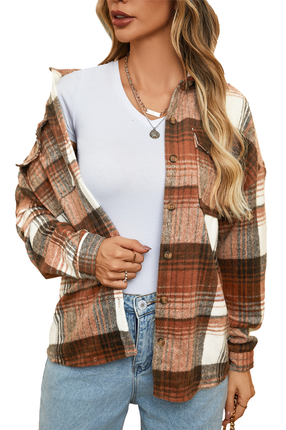 Pink & Grey Plaid Button Up Collared Flannel Shacket