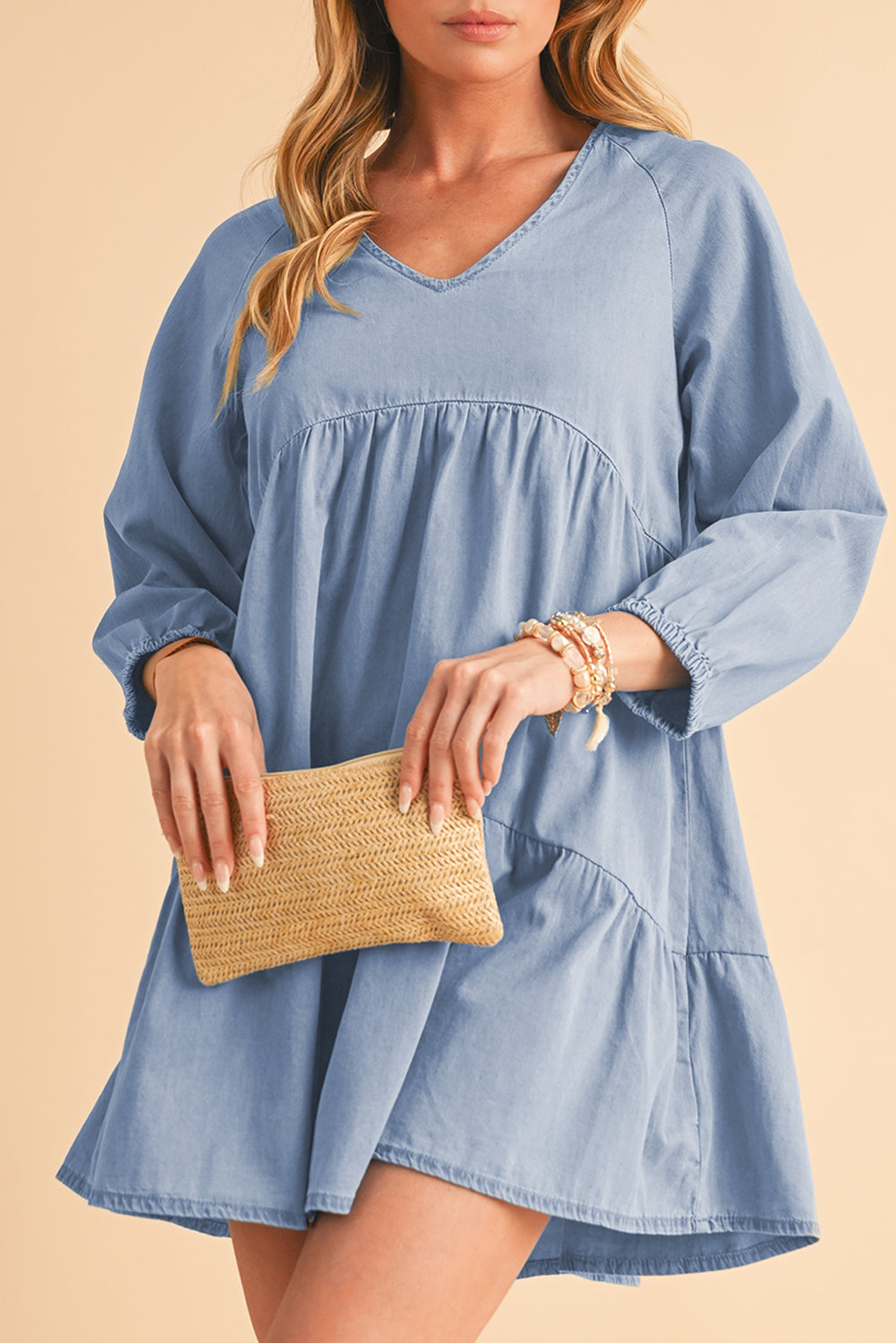 Beau Blue Puff Sleeve V Neck Tiered Ruffled Chambray Mini Dress