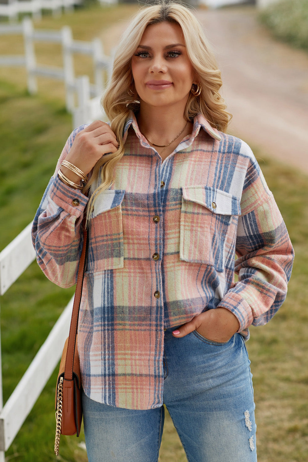 Pink & Grey Plaid Button Up Collared Flannel Shacket