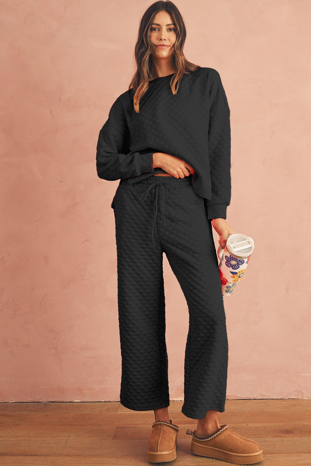 Black Checkered Textured Split Pullover Top and Pants Set