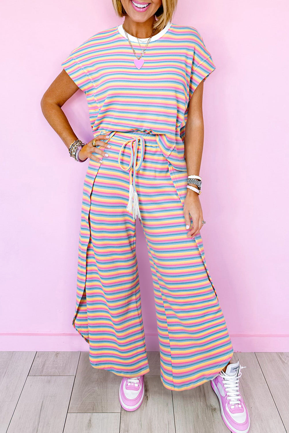 Pink Stripe Rainbow Tee and Tassel Drawstring Wide Leg Pants Set