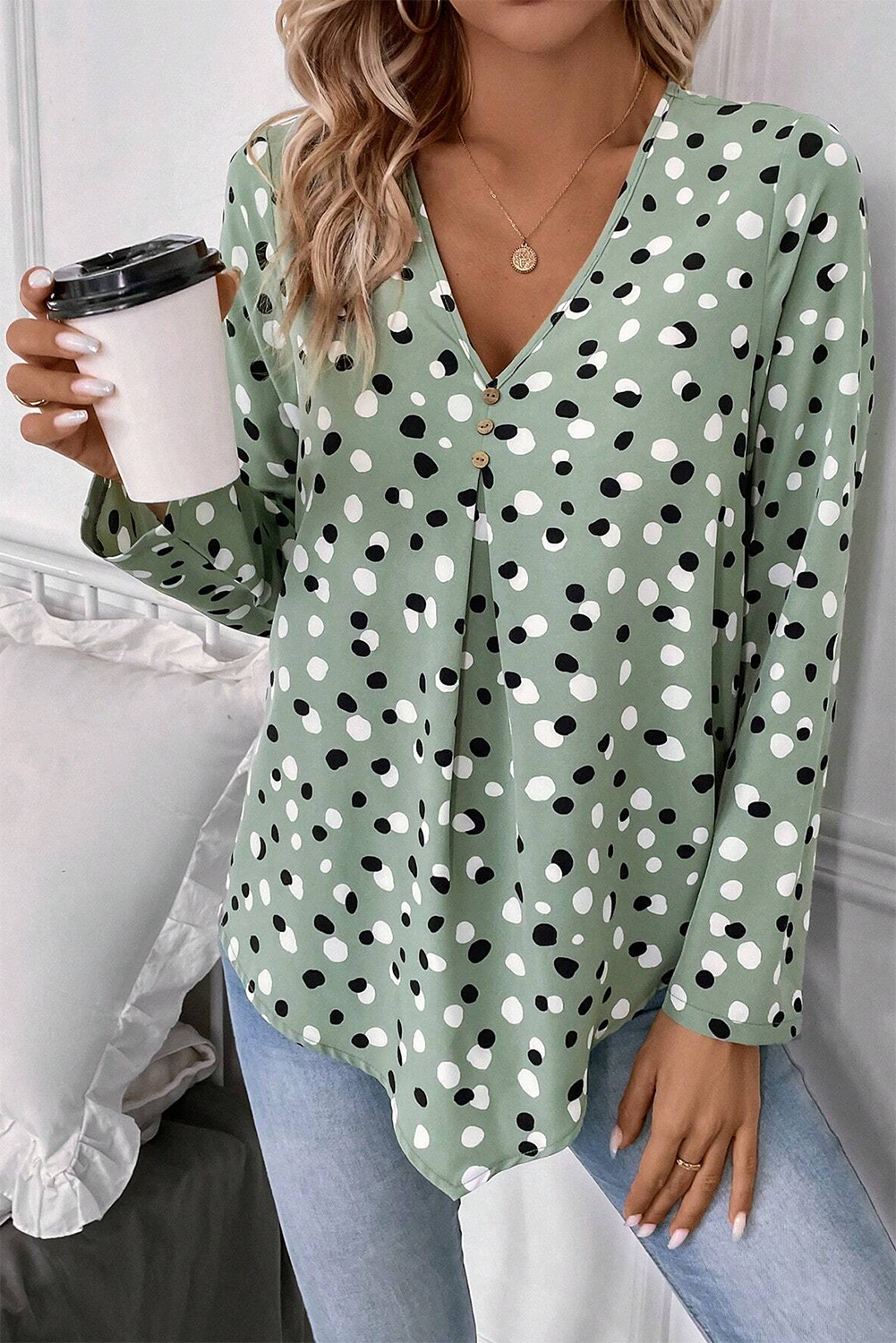 Green Dotted Print Button Front V Neck Blouse