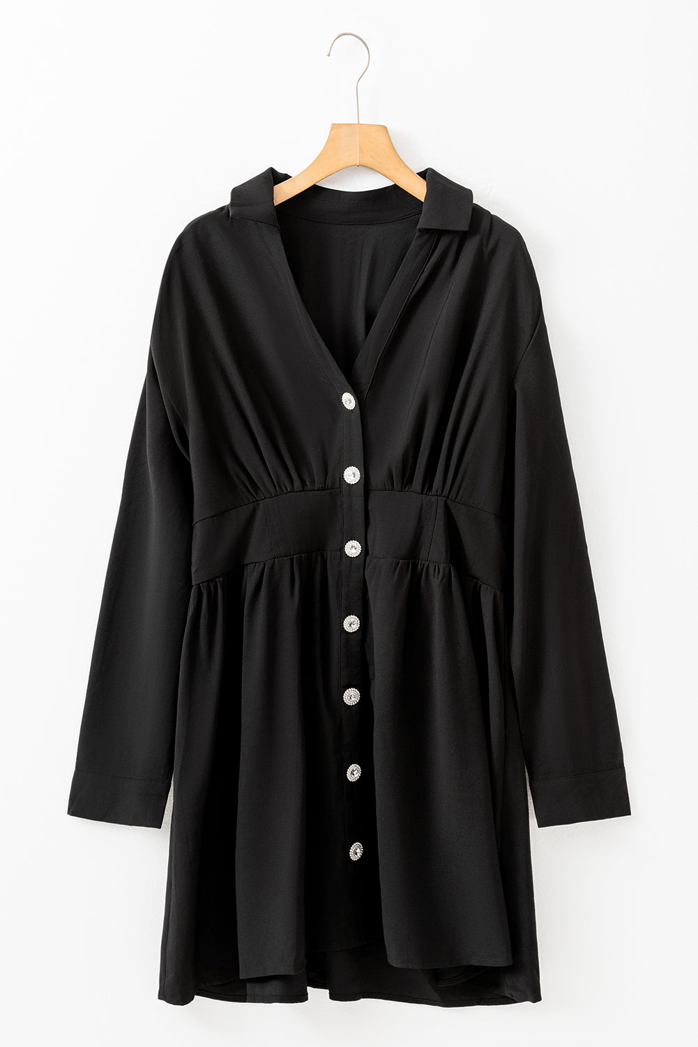 Black Elastic Cinched High Waist Long Sleeve Shirt Mini Dress