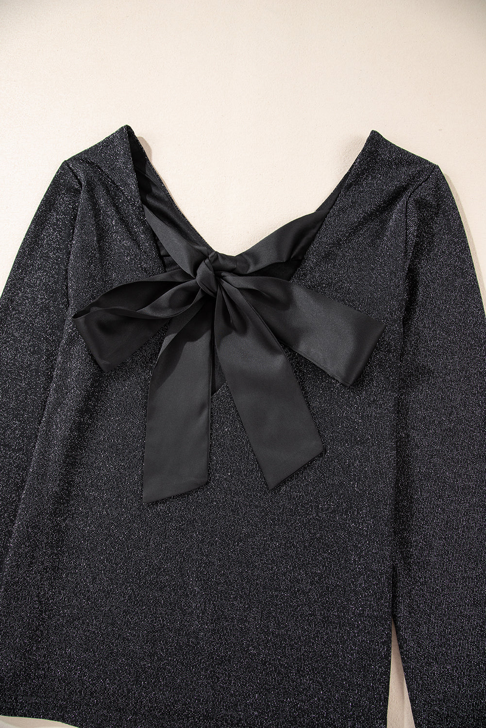 Black Metallic Bowknot Open Back V Neck Top