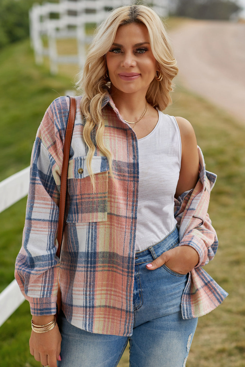 Pink & Grey Plaid Button Up Collared Flannel Shacket