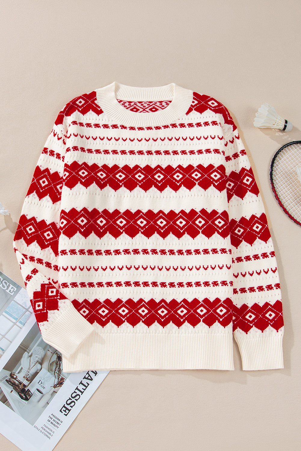 White Western Geometric Patterned Crew Neck Loose Sweater