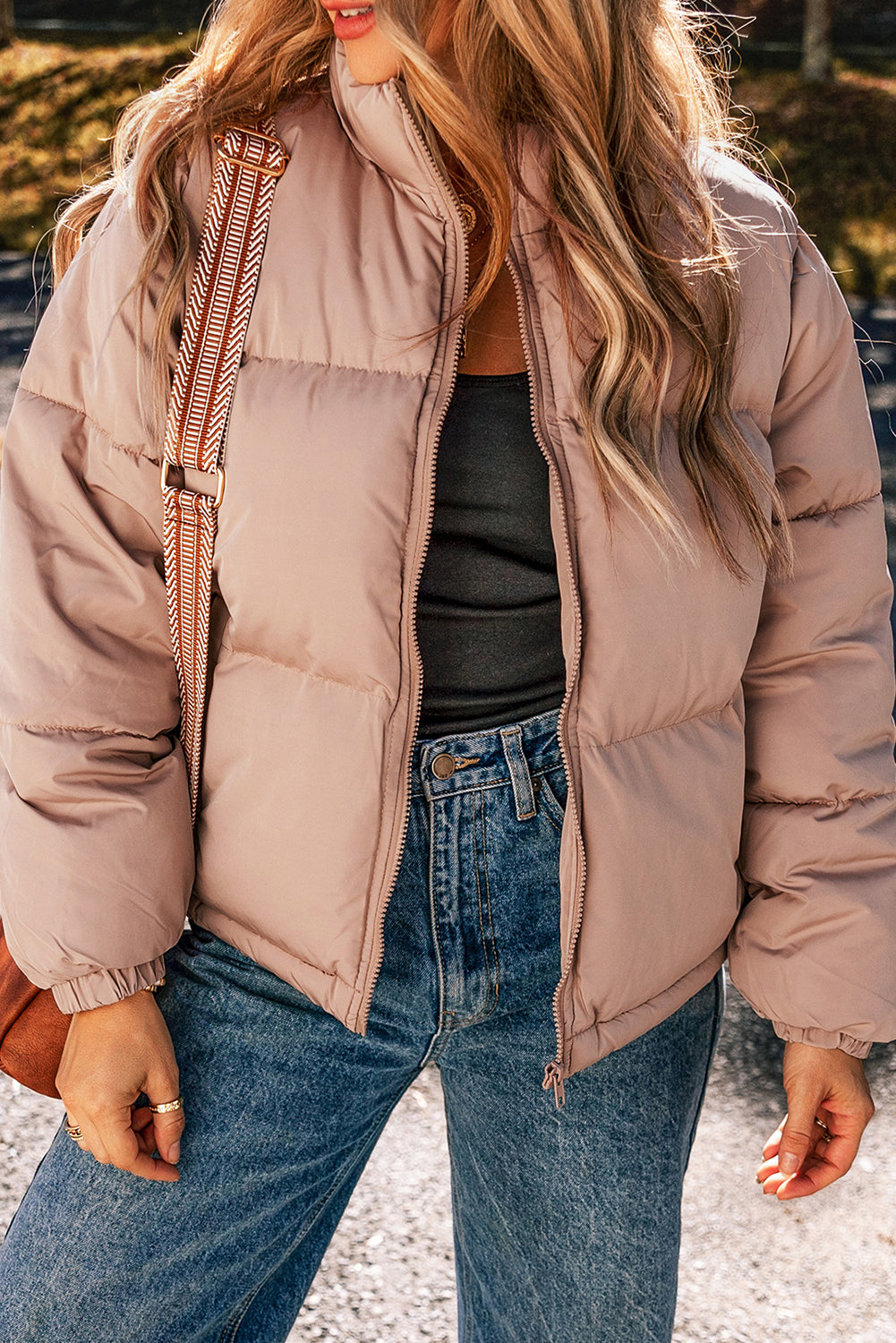 Apricot Pink Full Zipper Quilted Puffer Jacket