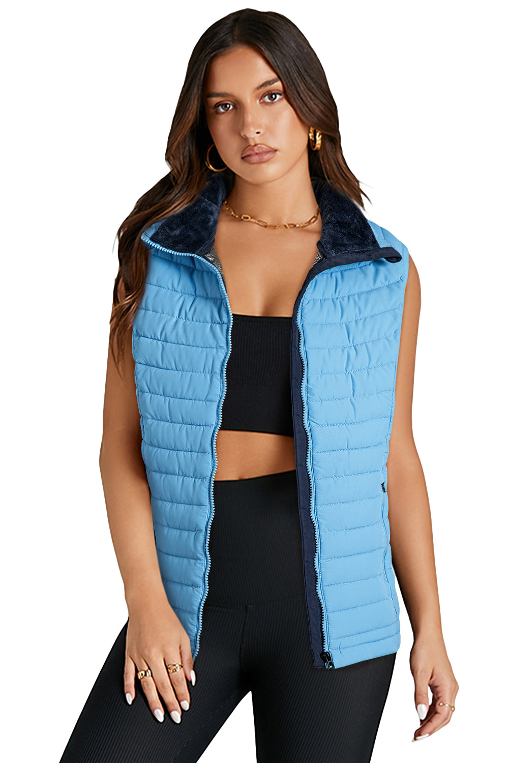 Sky Blue Plush Collared Quilted Zipped Puffer Vest