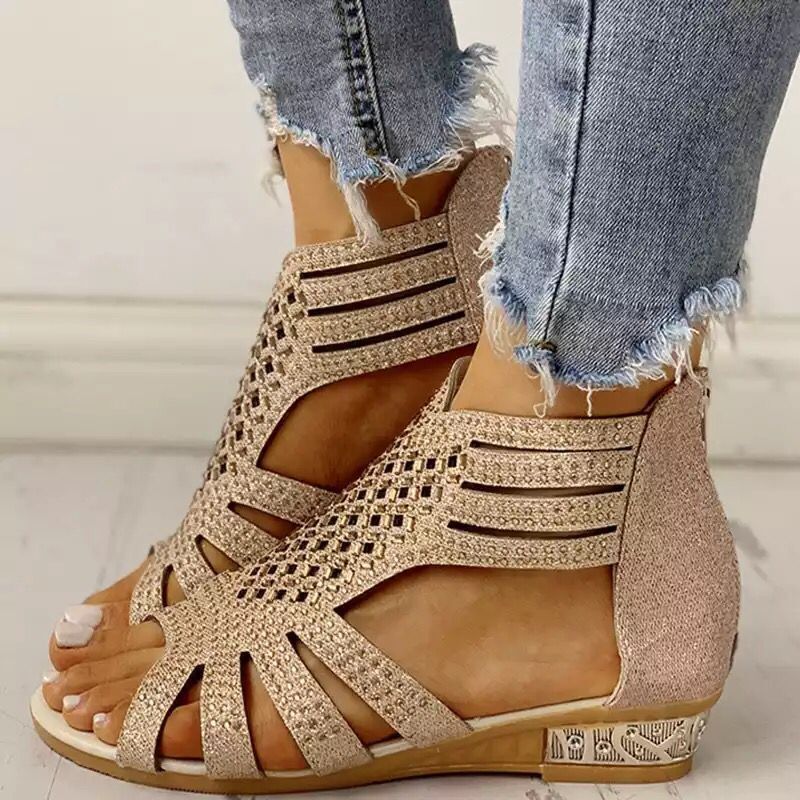 Women's Open Toe Rhinestone Wedge Hollow Sandals