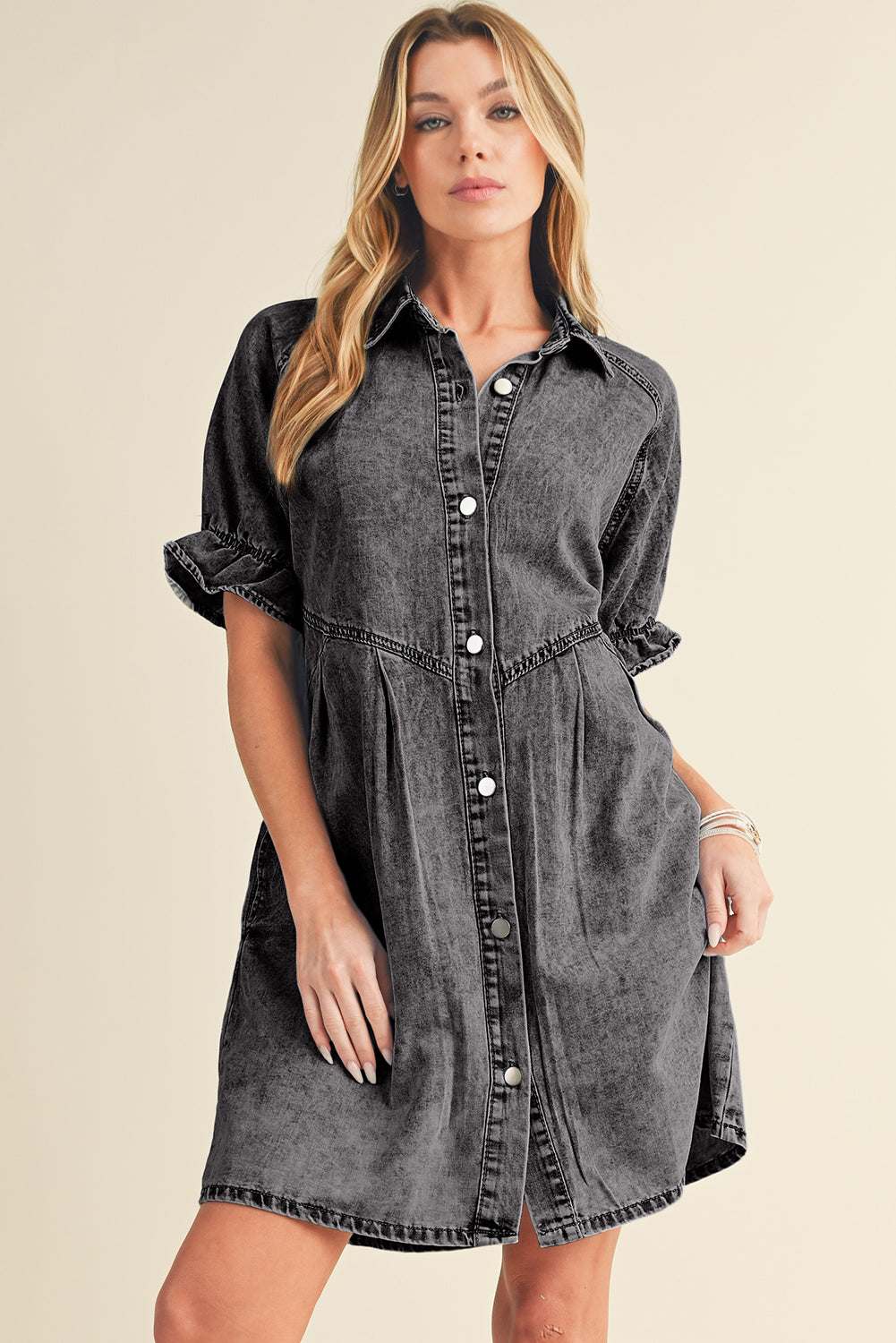 Medium Grey Mineral Washed Ruffled Short Sleeve Pocketed Denim Dress