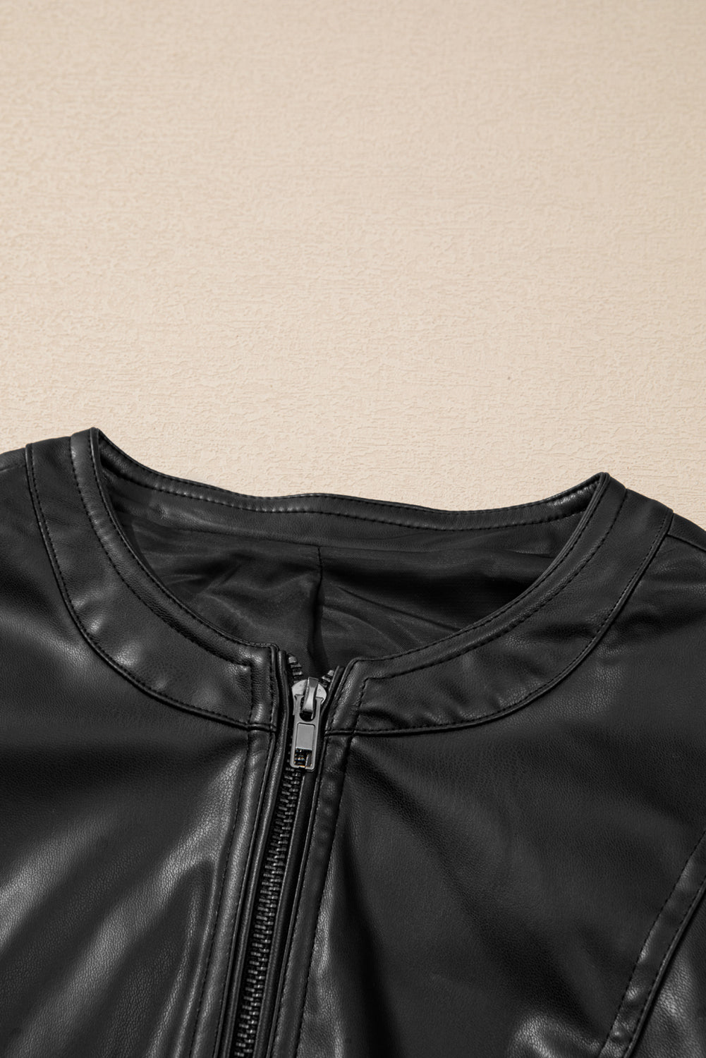 Black Solid Faux Leather Zipper Slim Fit Bomber Jacket