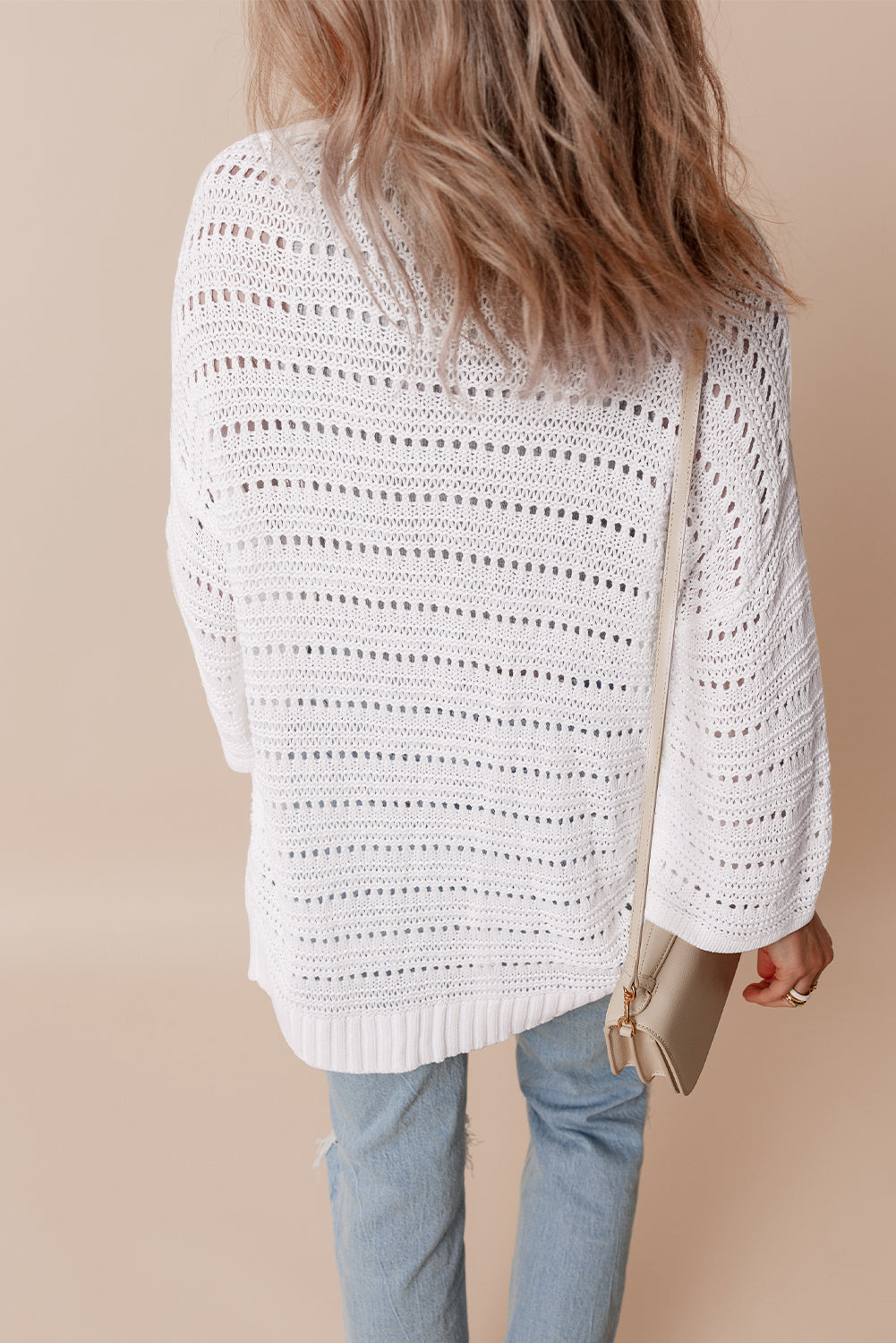 White Pointelle Knit Bracelet Sleeve Open Cardigan