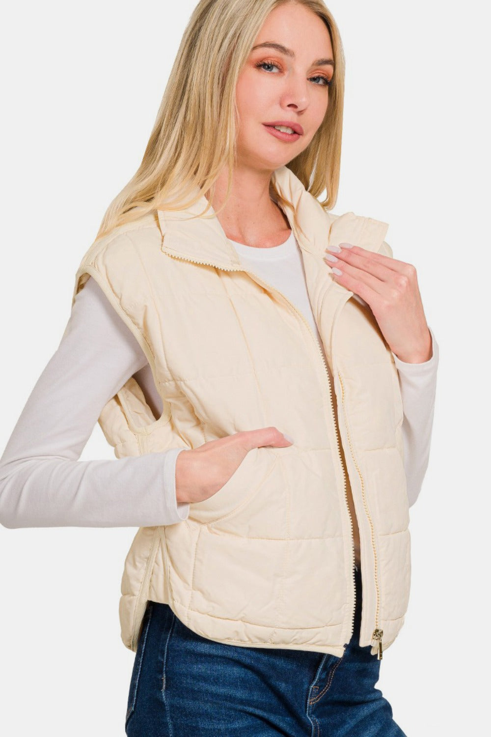 Zenana Zip Up Cropped Puffer Vest with Pockets