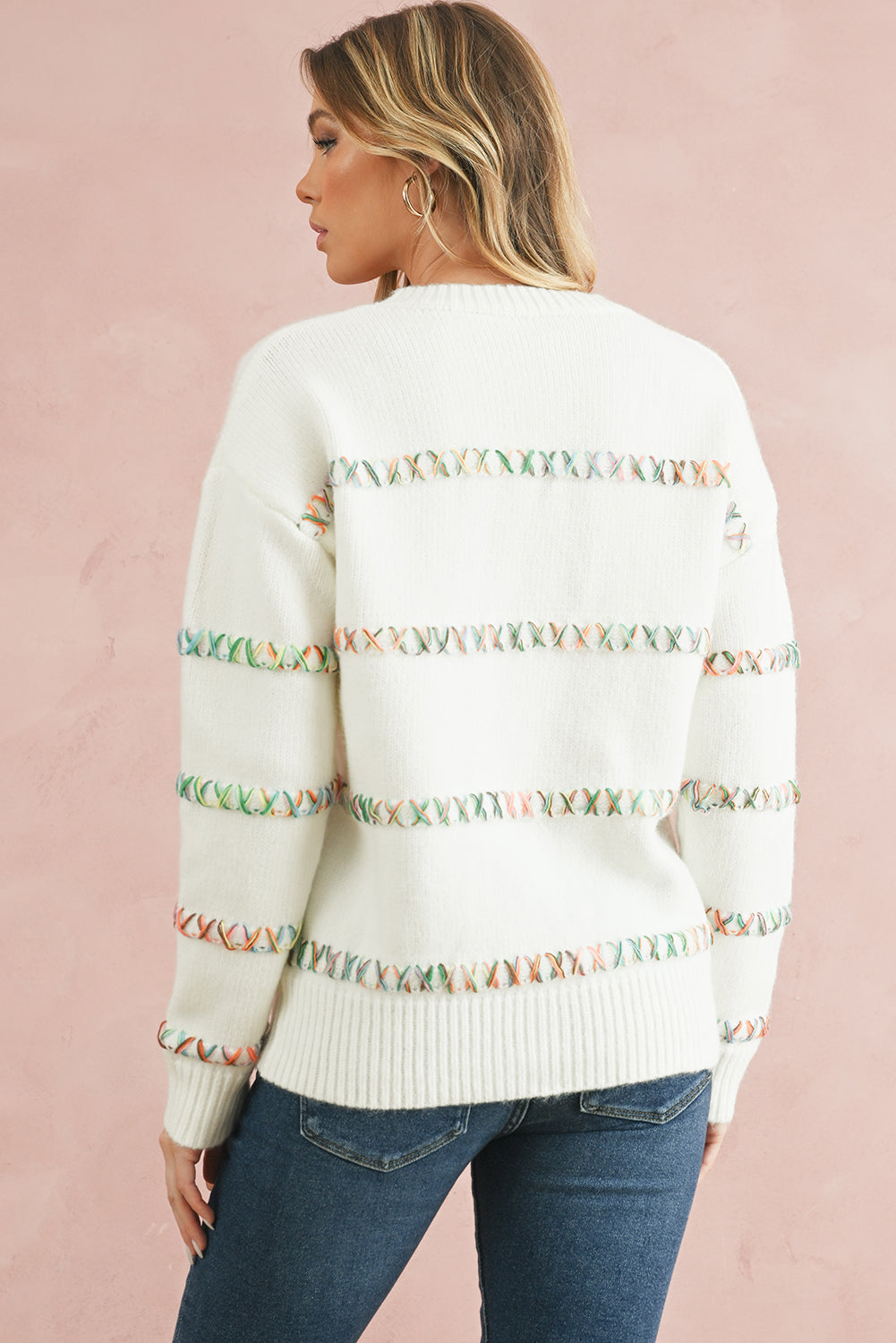 White Colorful Cross Stitch Drop Shoulder Sweater