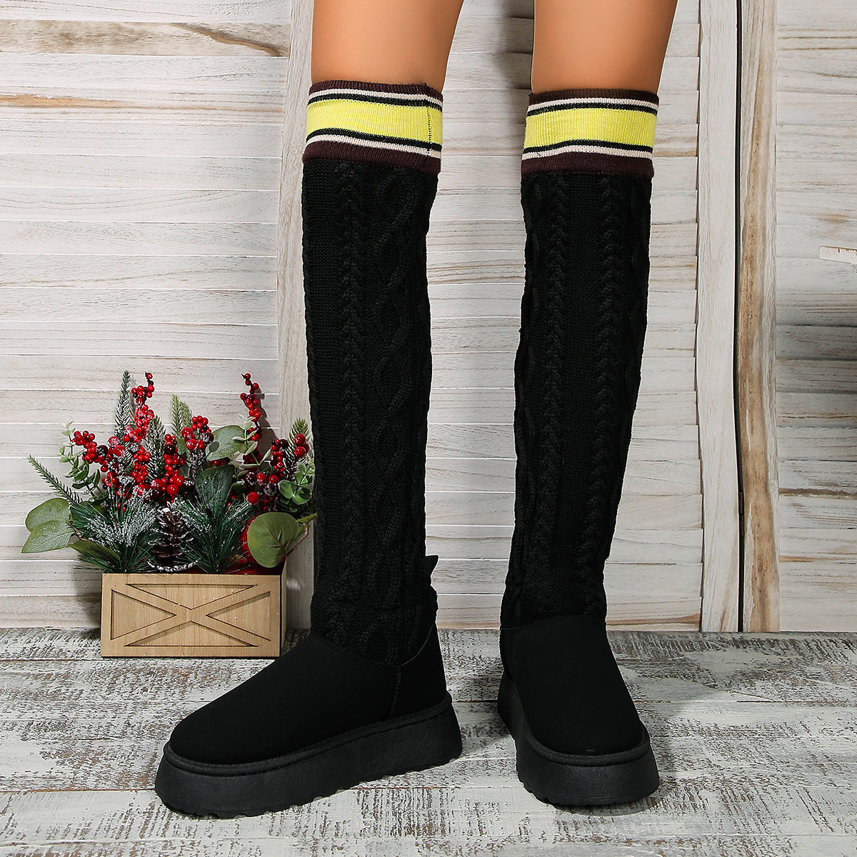 Winter Over-the-knee Boots With Long Knitted Sock Design Fashion Flat Thick-soled Shoes For Women Casual Warm Long Boot