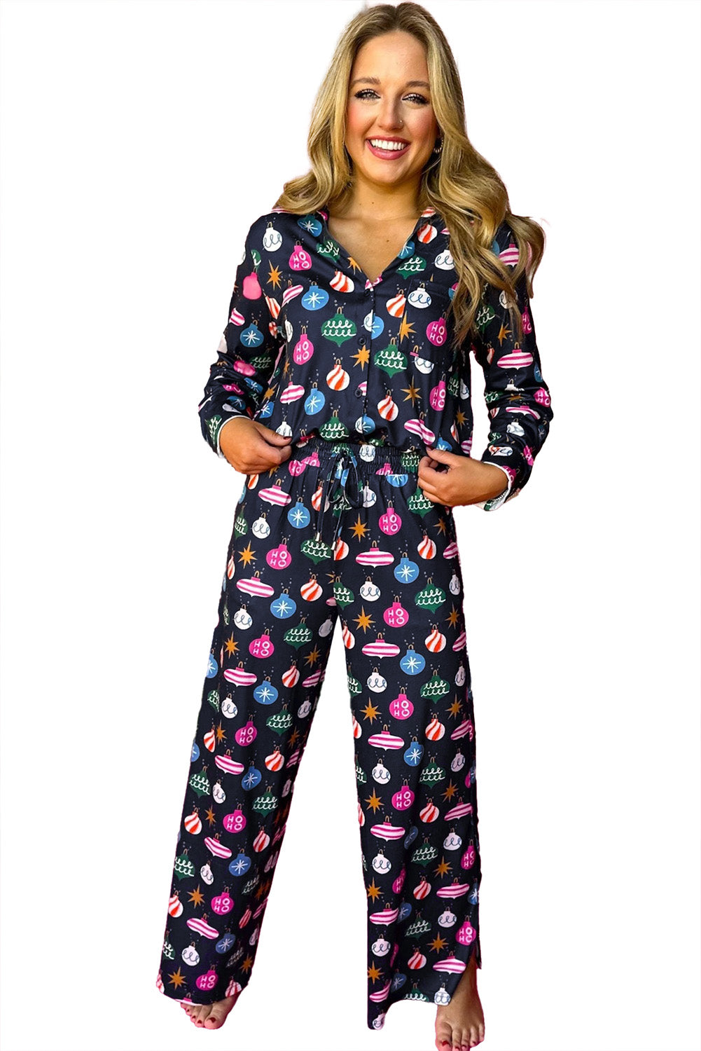 Navy Blue Colorful Christmas Lights Print Shirt and Pants Pajama Set