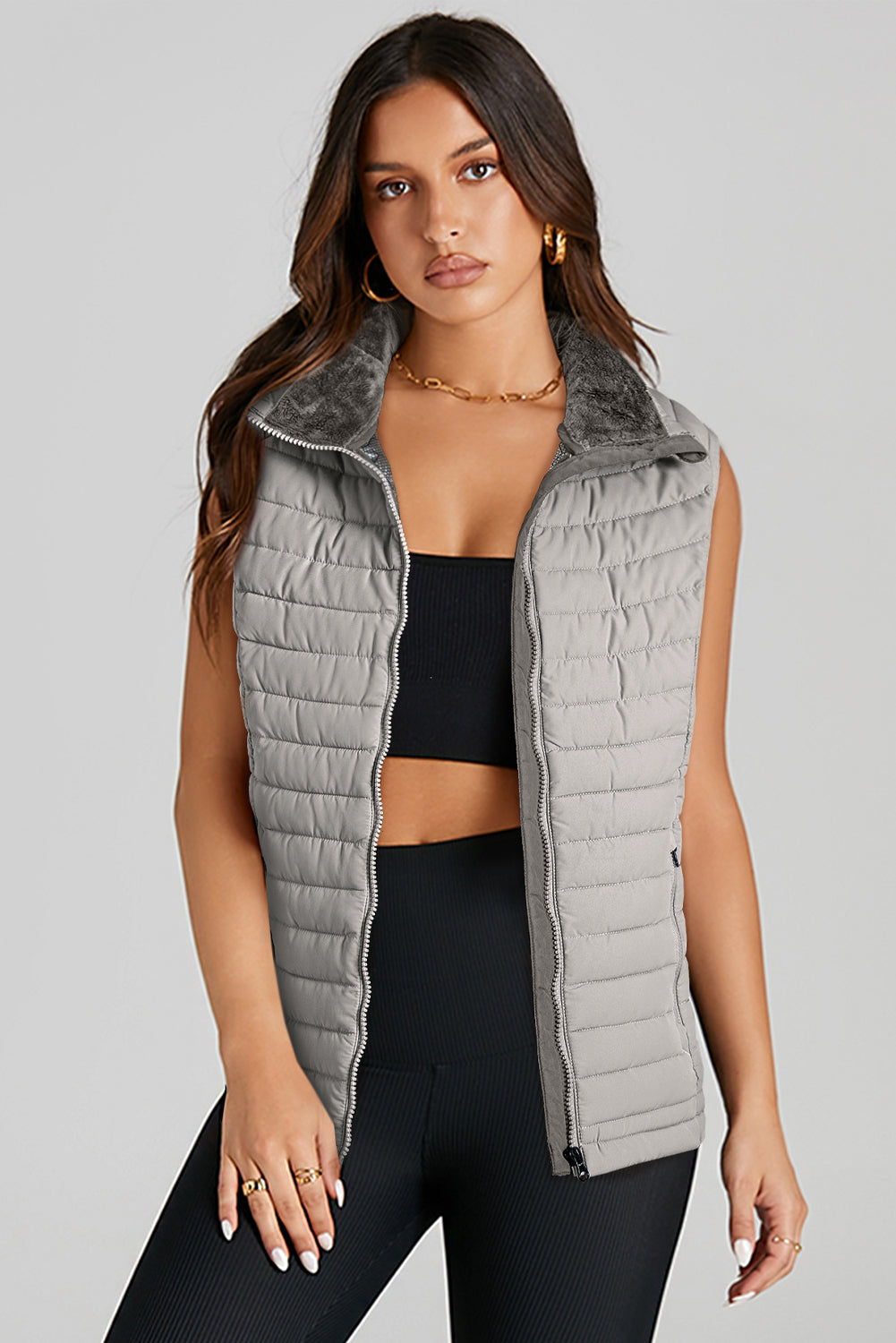 Sky Blue Plush Collared Quilted Zipped Puffer Vest