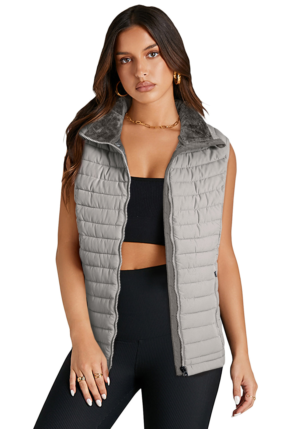 Sky Blue Plush Collared Quilted Zipped Puffer Vest