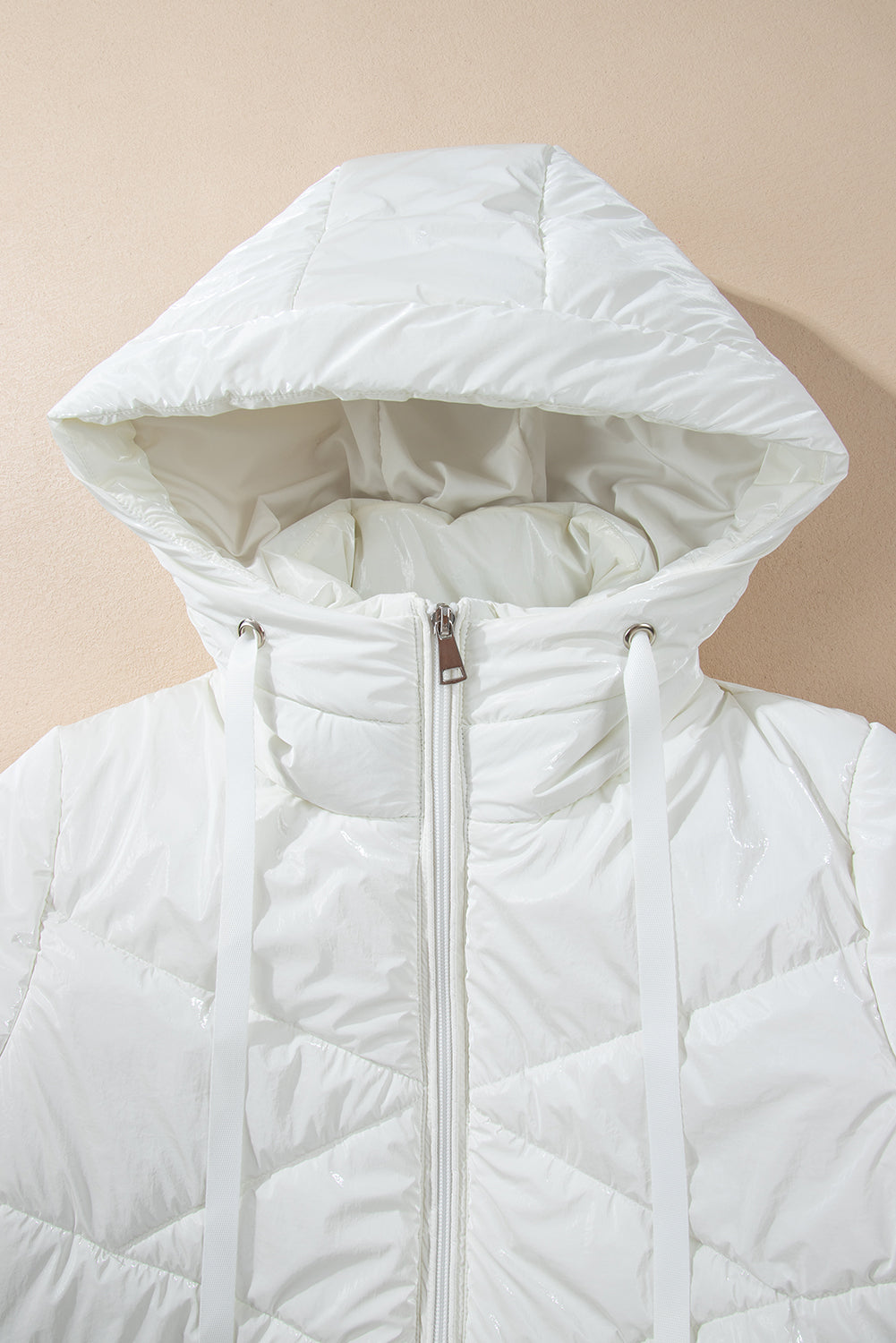 White Solid Quilted Hooded Zip Up Puffer Jackets