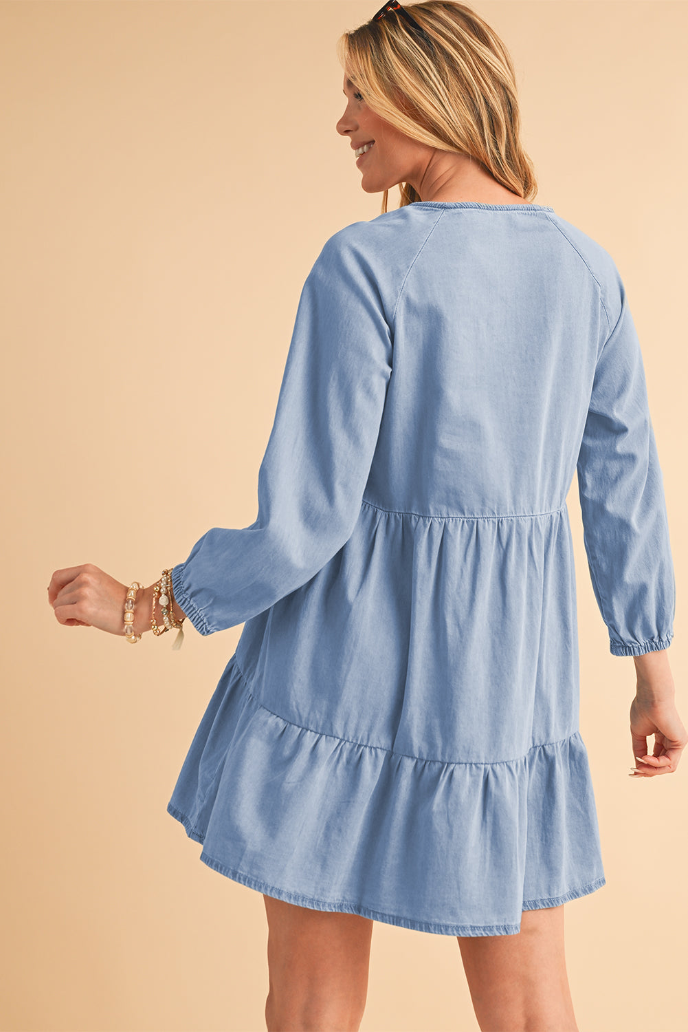 Beau Blue Puff Sleeve V Neck Tiered Ruffled Chambray Mini Dress