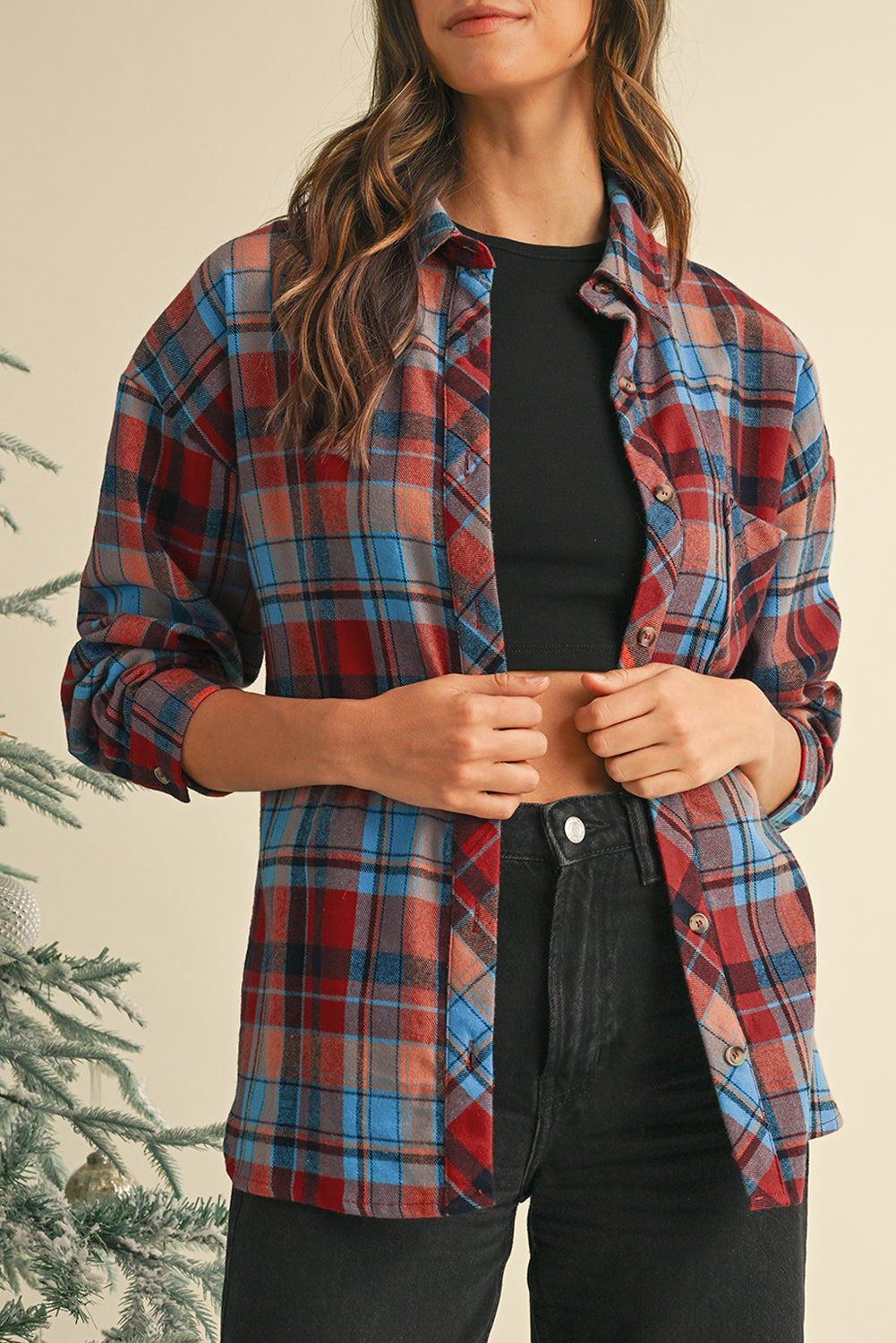 Red Plaid Print Drop Sleeve Loose Shirt