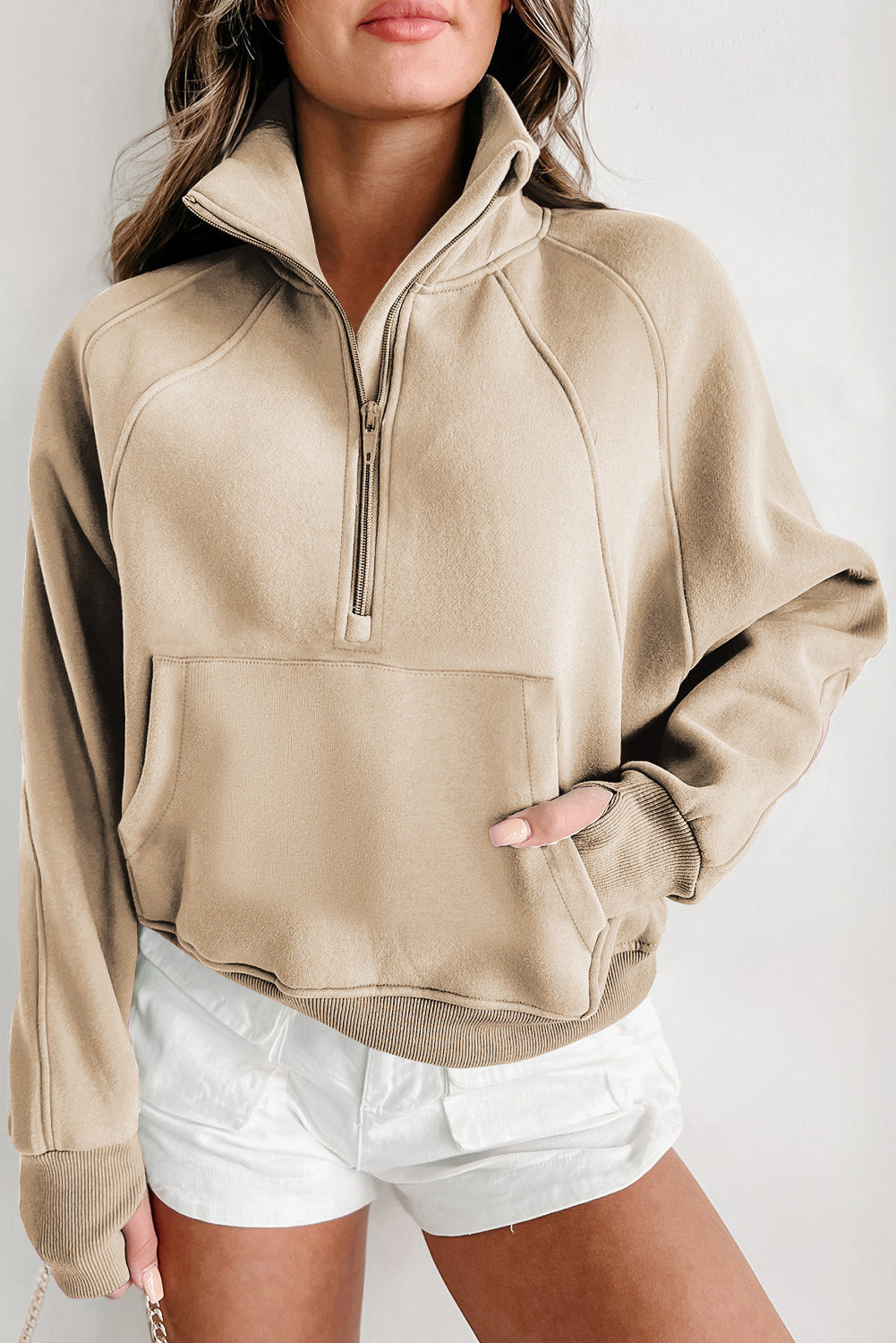 Gray Zip Up Stand Collar Ribbed Thumbhole Sleeve Sweatshirt