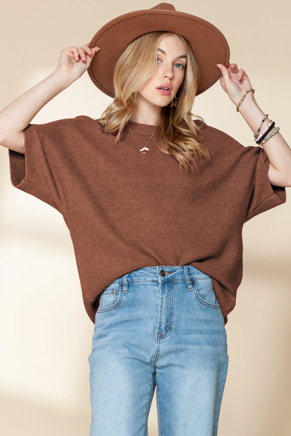 Apricot Mock Neck Short Batwing Sleeve Sweater