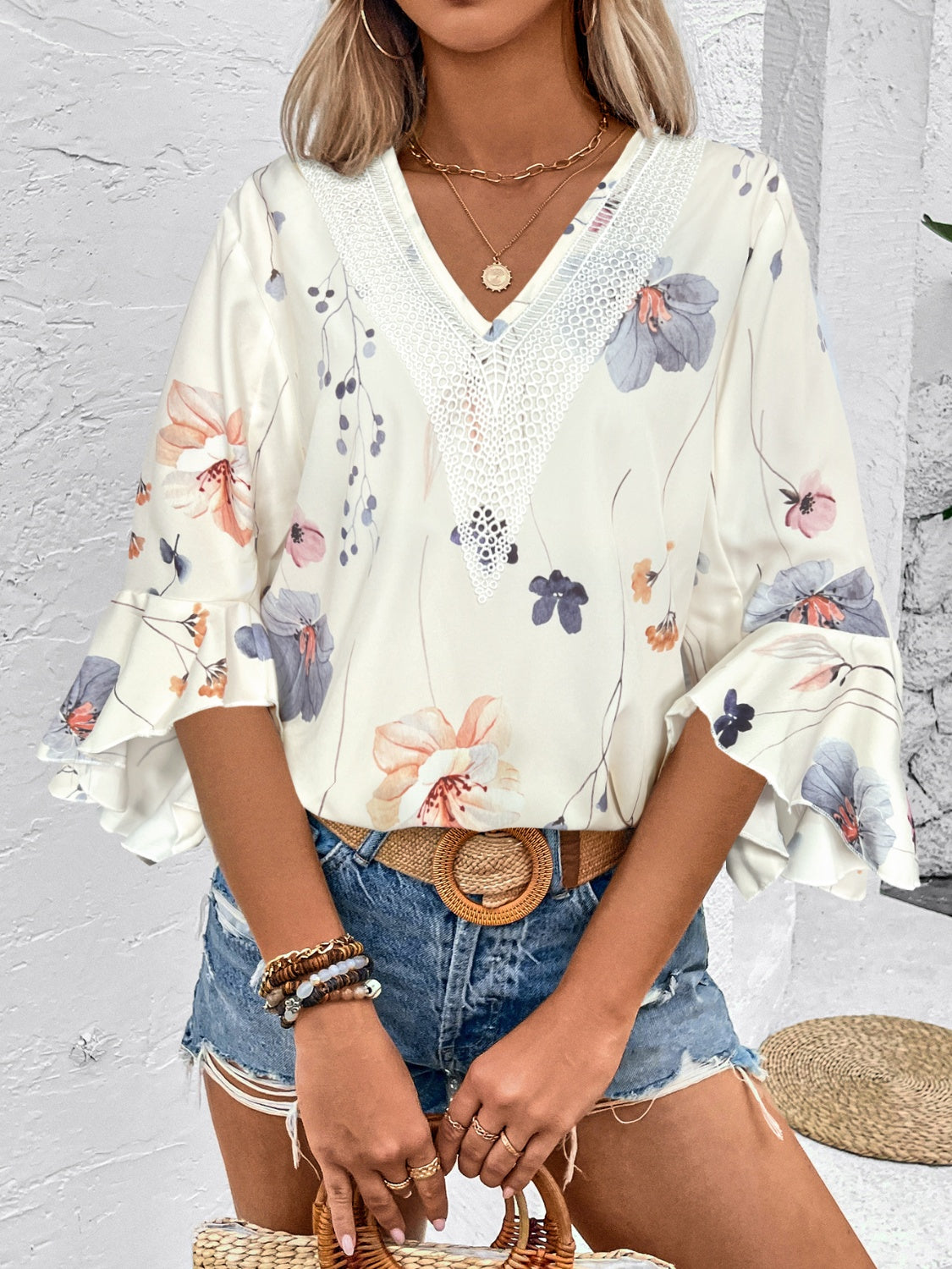 Ruffled Printed V-Neck Half Sleeve Blouse