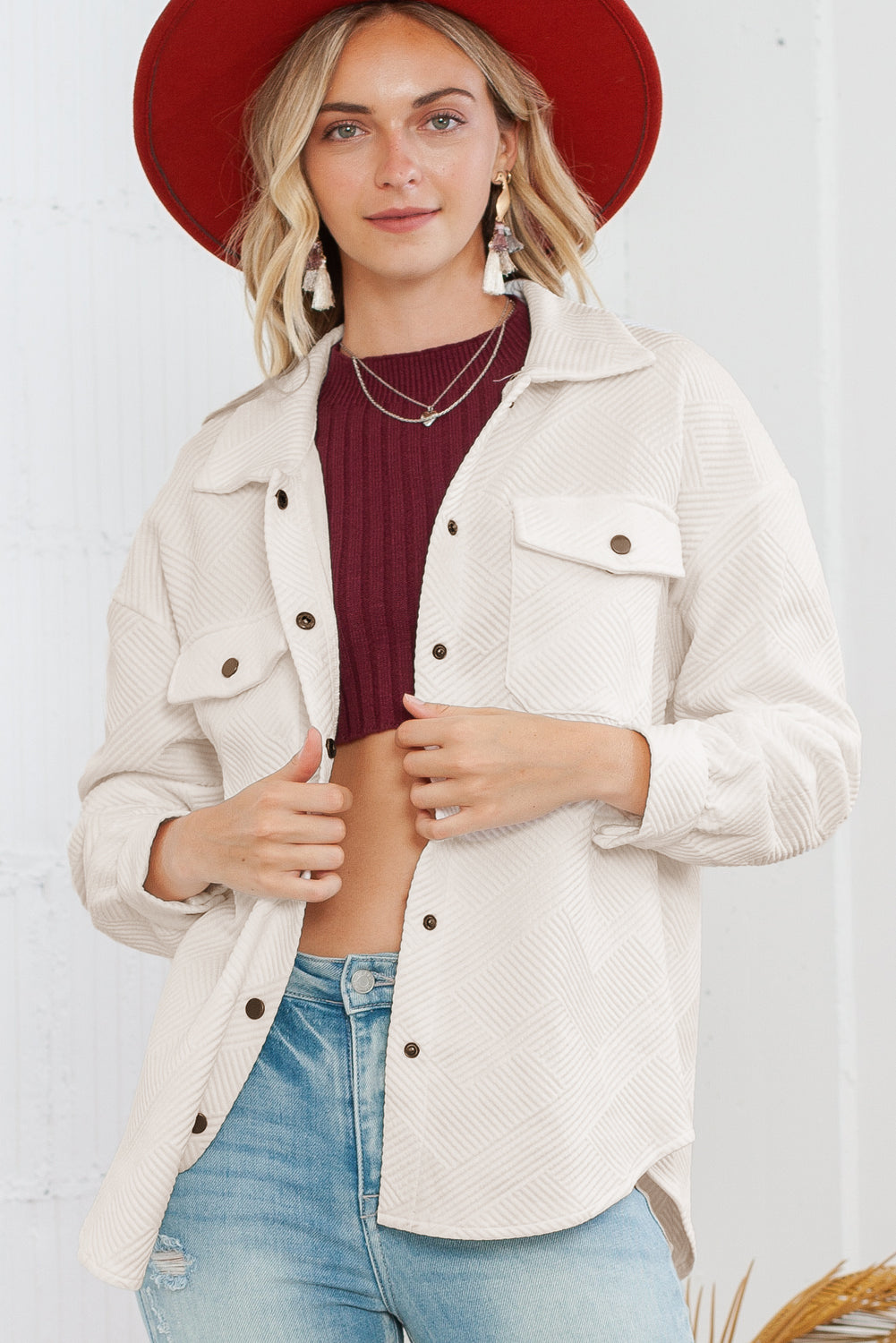 Beige Solid Textured Flap Pocket Buttoned Shacket