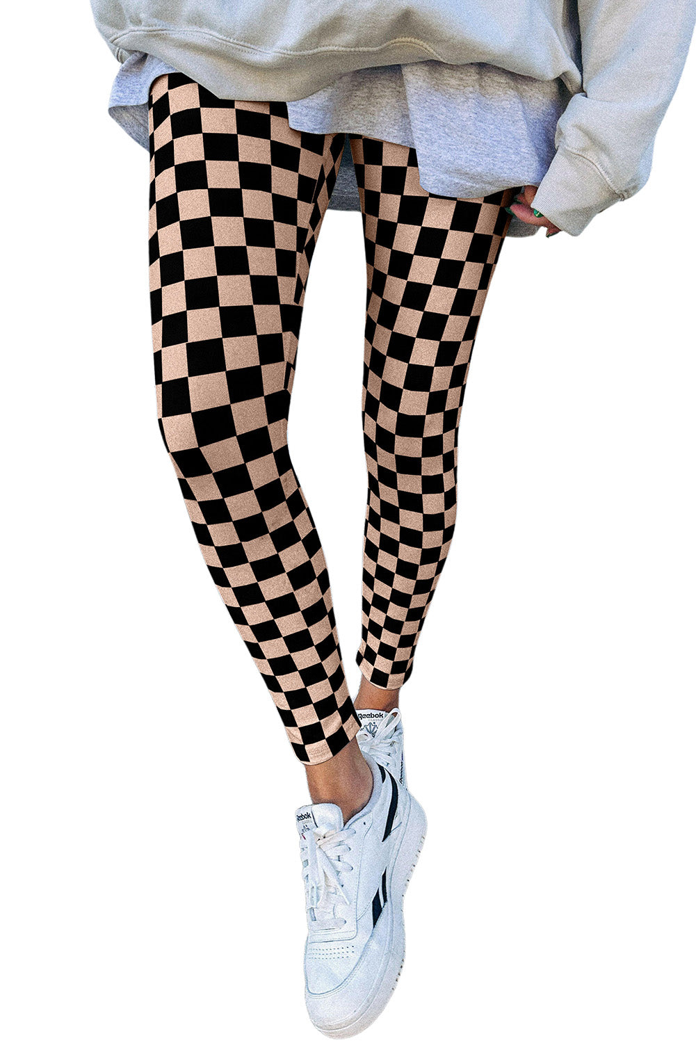 Khaki Checkered Pattern High Waist Skinny Leggings