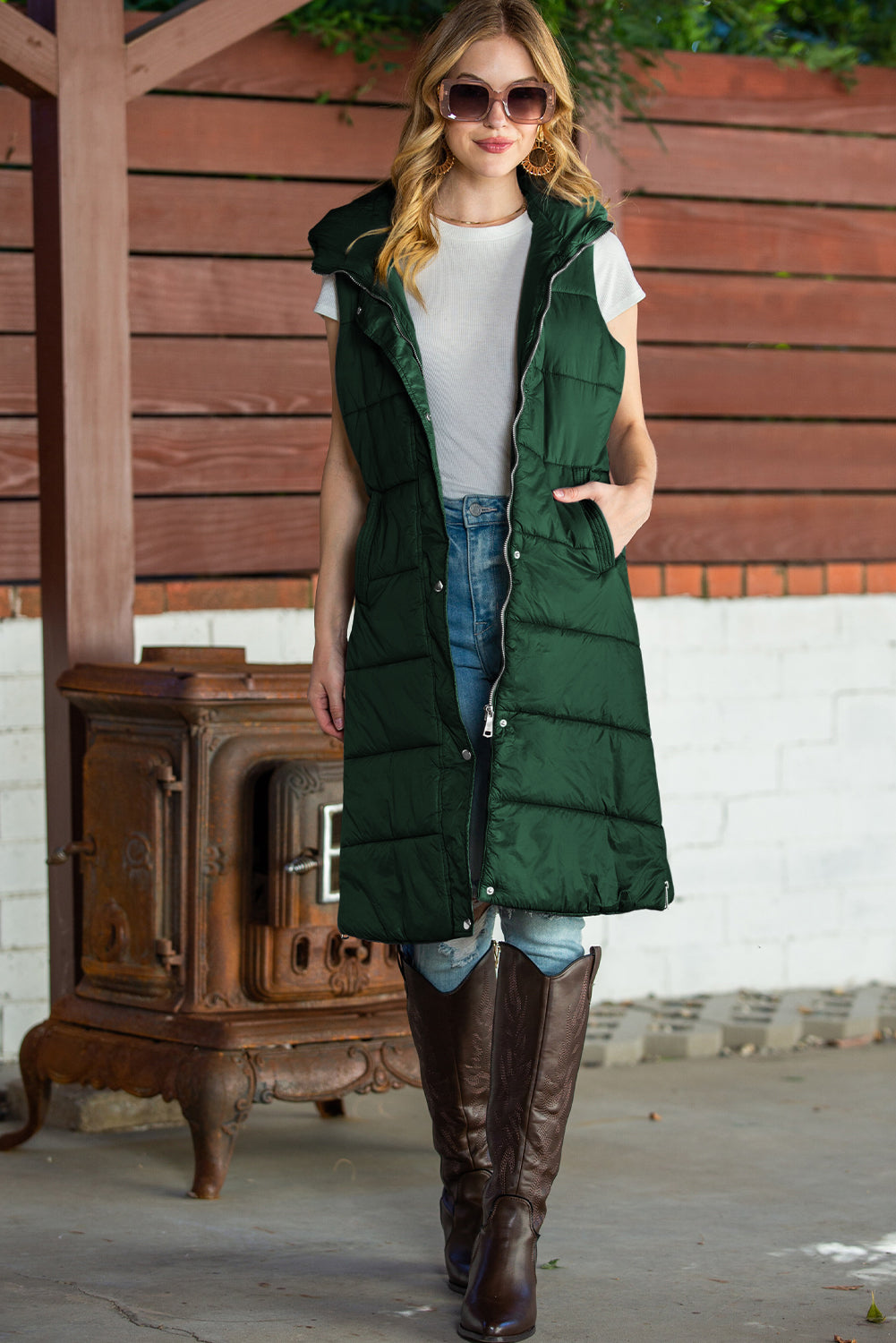 Black Hooded Pocketed Quilted Long Vest Coat