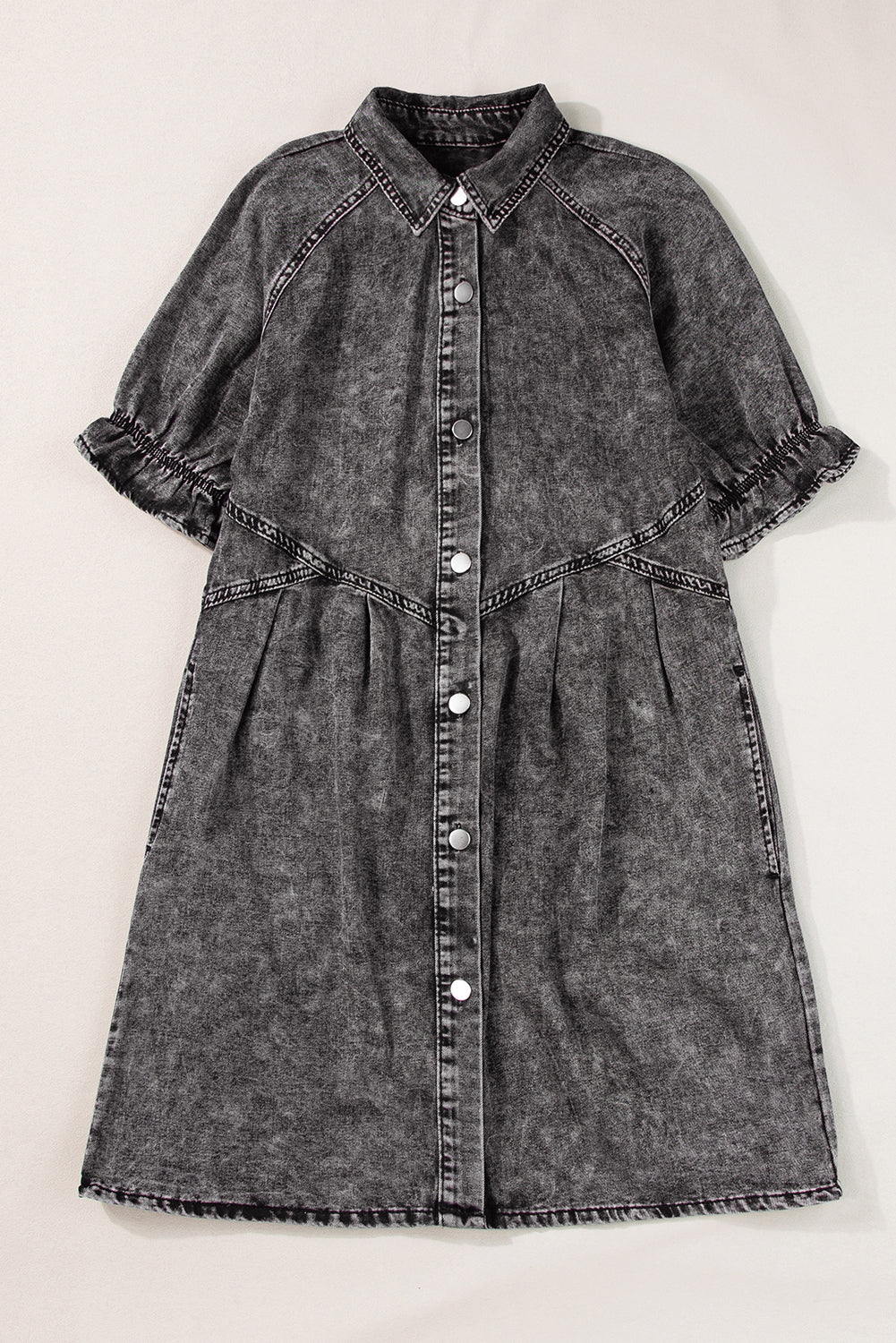 Medium Grey Mineral Washed Ruffled Short Sleeve Pocketed Denim Dress