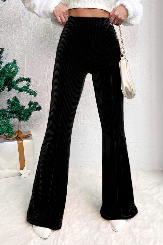 Black Solid Color High Waist Flare Corduroy Pants