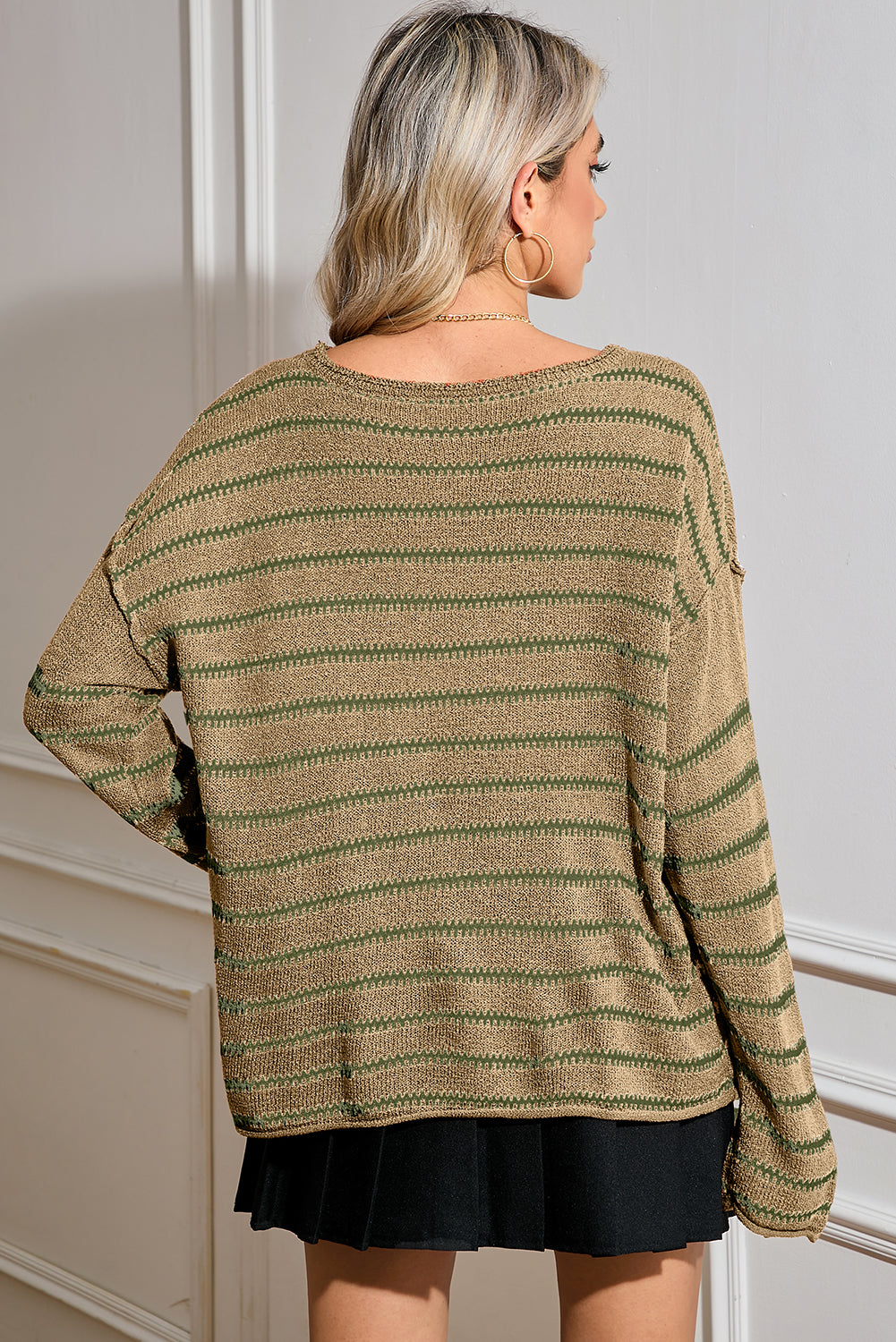 Green Stripe Casual Stripe Round Neck Drop Shoulder Sweater