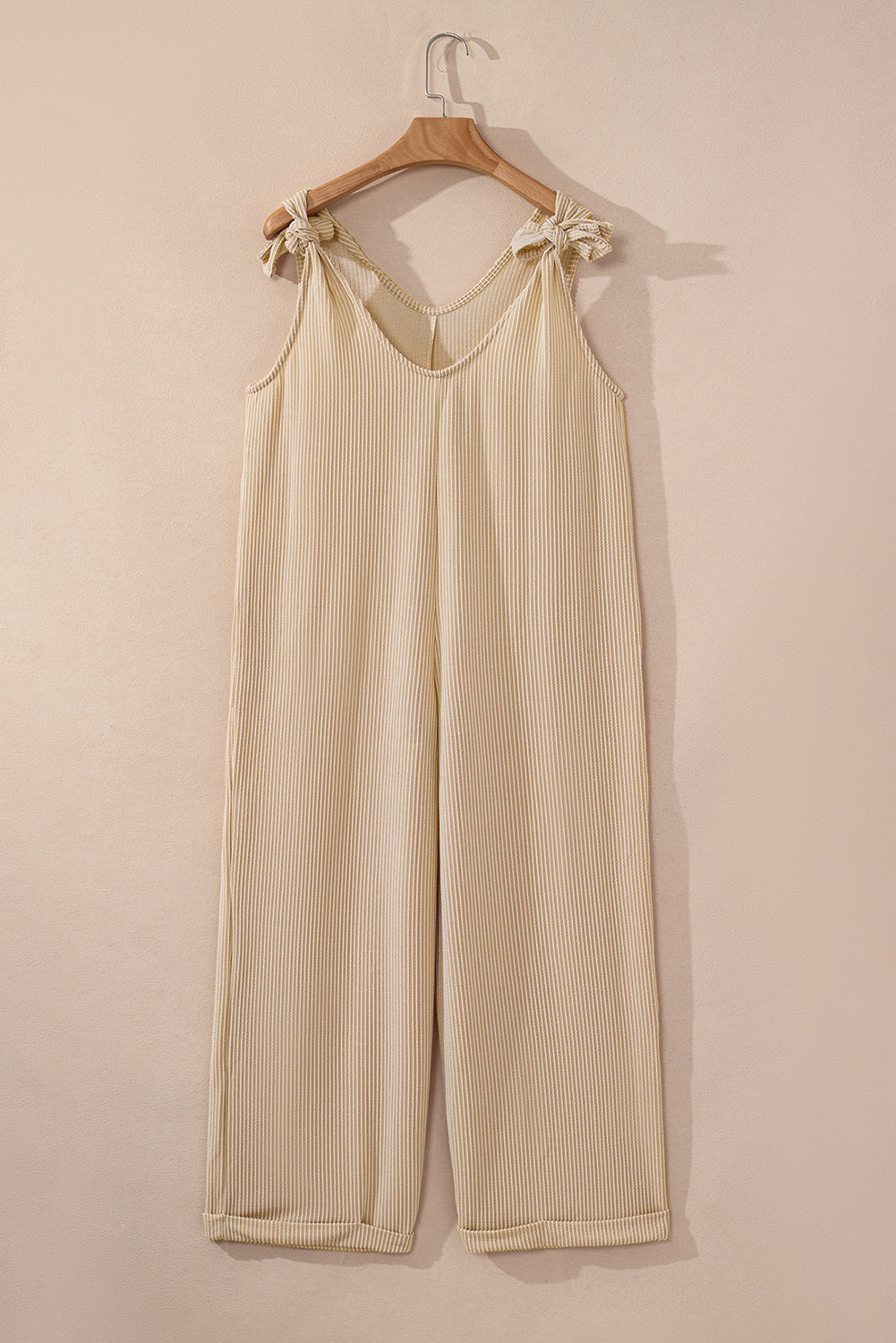 Parchment Corded Tie Straps V Neck Wide Leg Jumpsuit