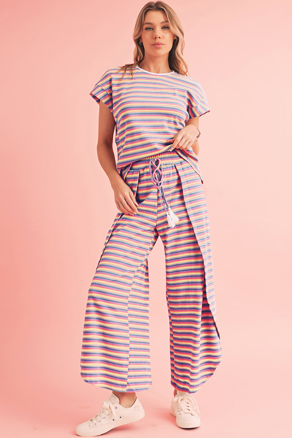 Pink Stripe Rainbow Tee and Tassel Drawstring Wide Leg Pants Set