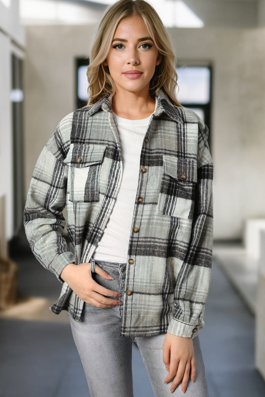 Pink & Grey Plaid Button Up Collared Flannel Shacket