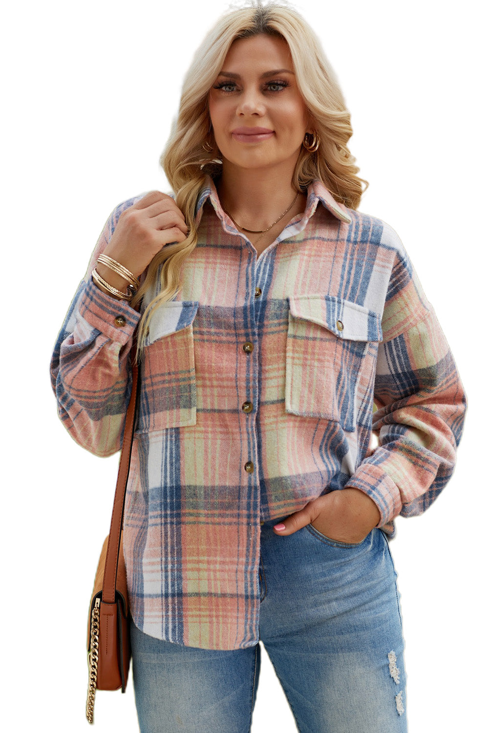 Pink & Grey Plaid Button Up Collared Flannel Shacket