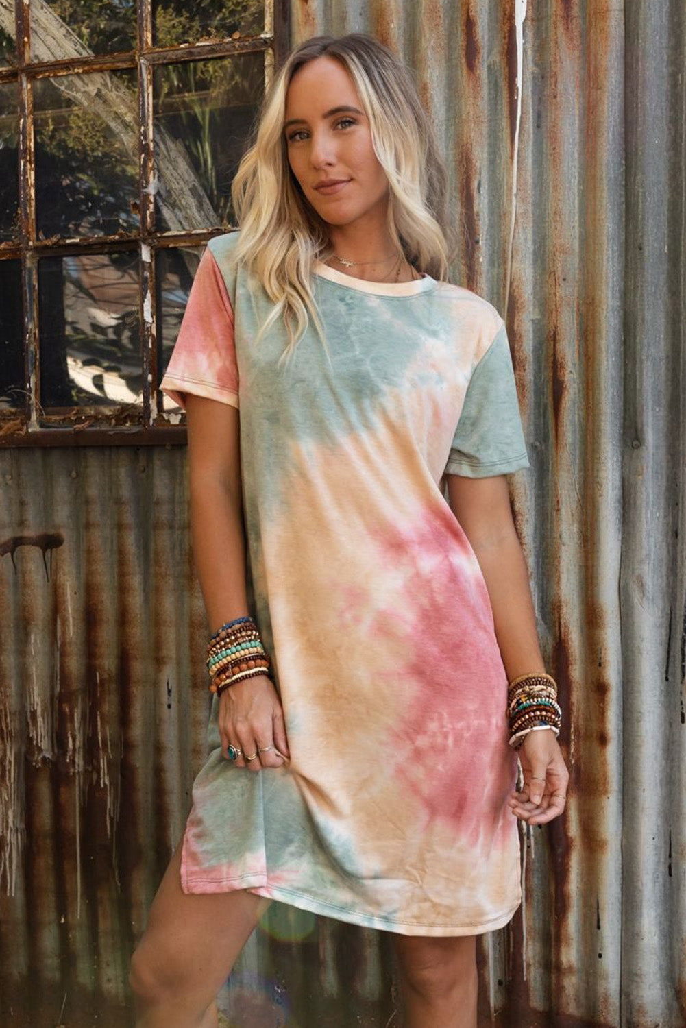 Multicolor Tie Dye Oversized Slit Tee Dress