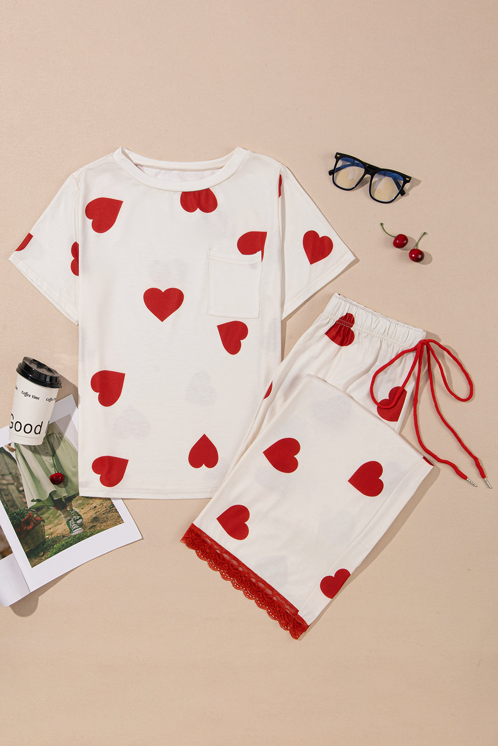 White Valentines Heart Print Lace Hem Tee Pants Pajama Set