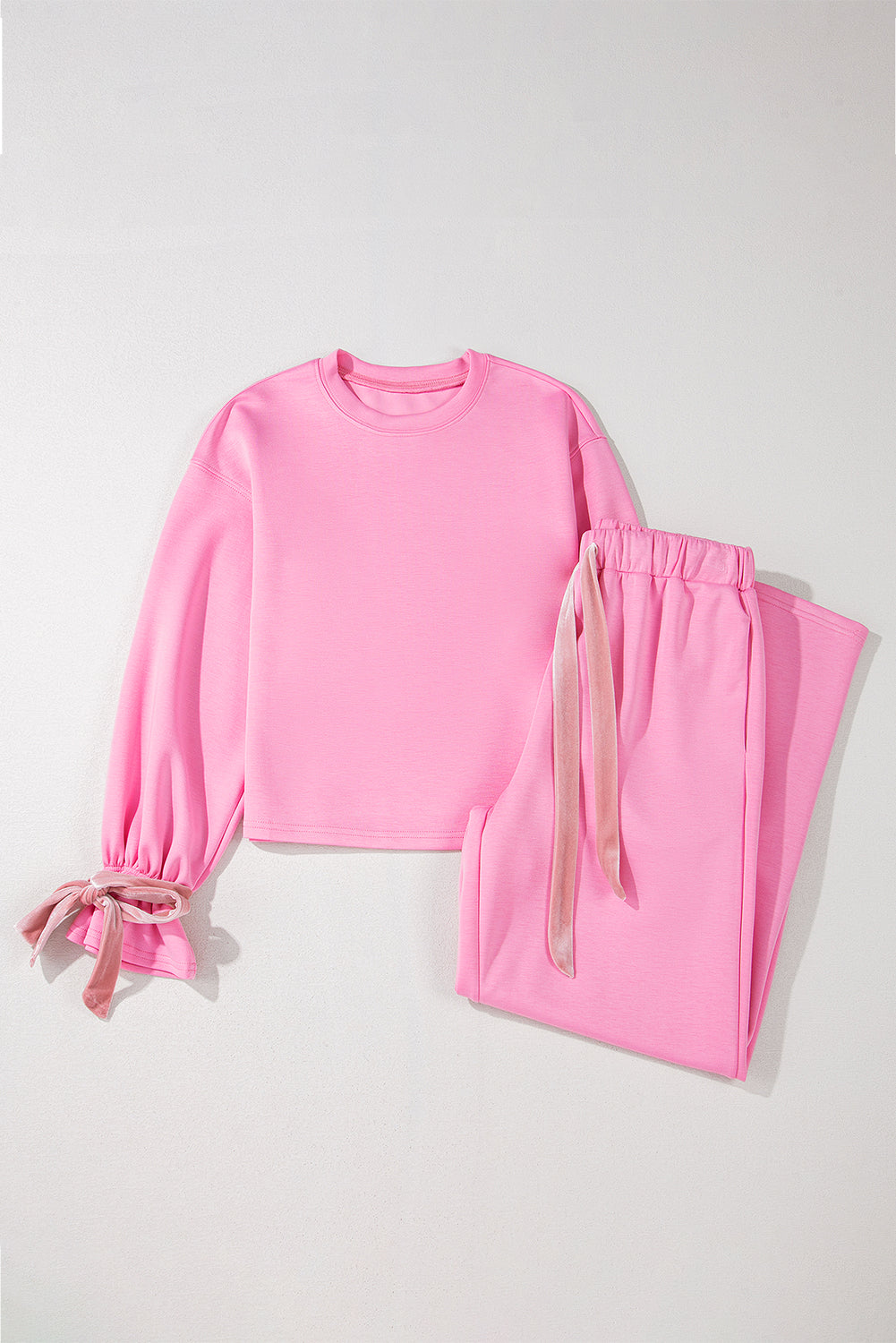 Bonbon Solid Color Drawstring Long Sleeve Top and Pants Set