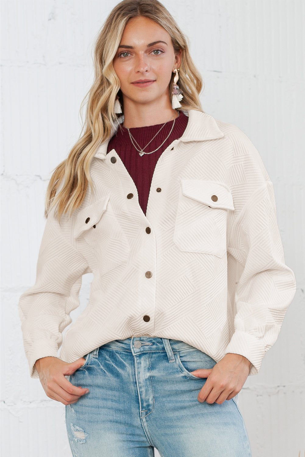 Beige Solid Textured Flap Pocket Buttoned Shacket