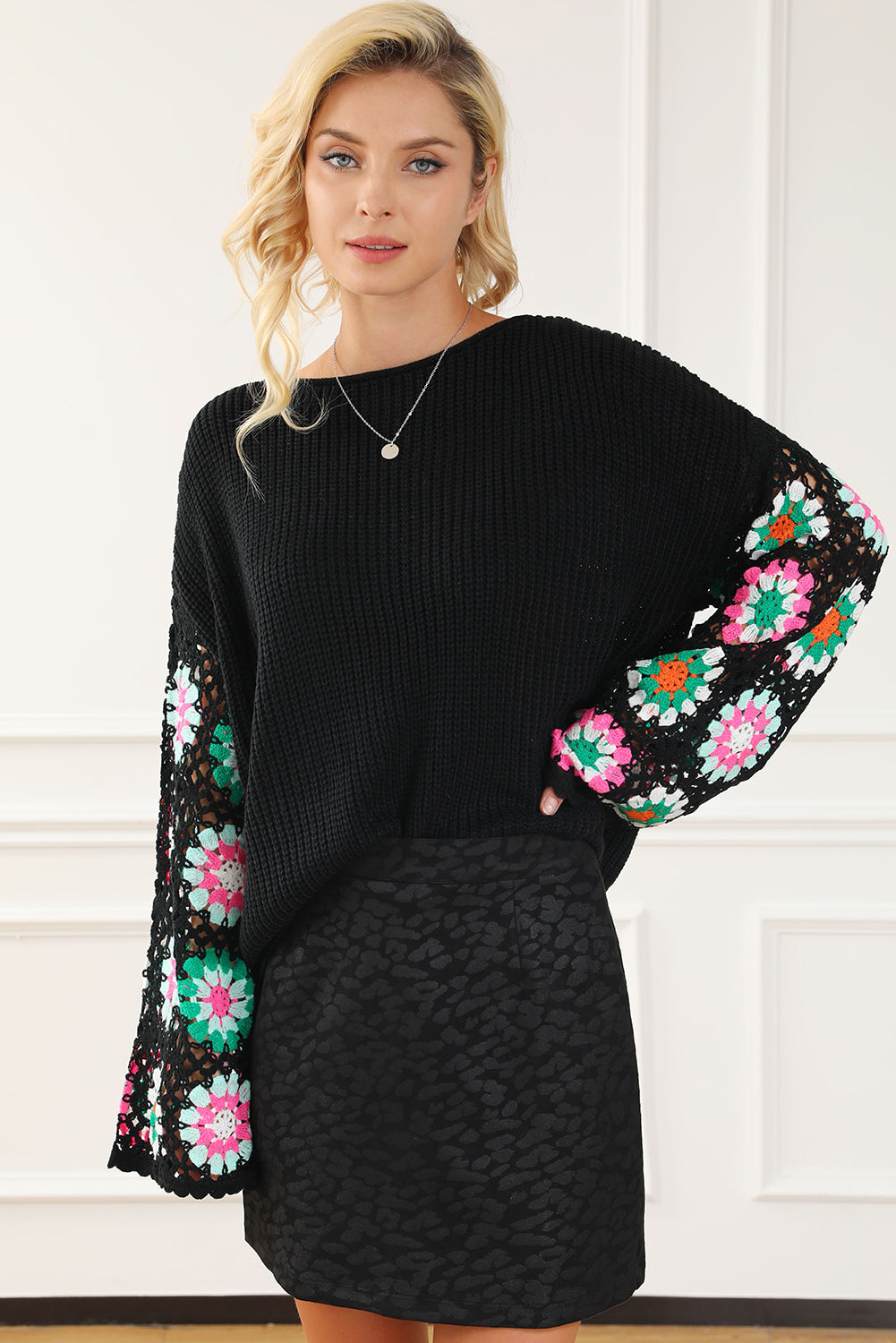 Black Floral Crochet Bell Sleeve Loose Knit Sweater