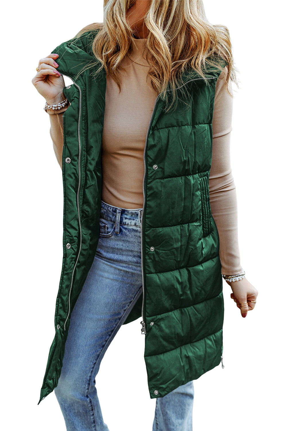 Black Hooded Pocketed Quilted Long Vest Coat