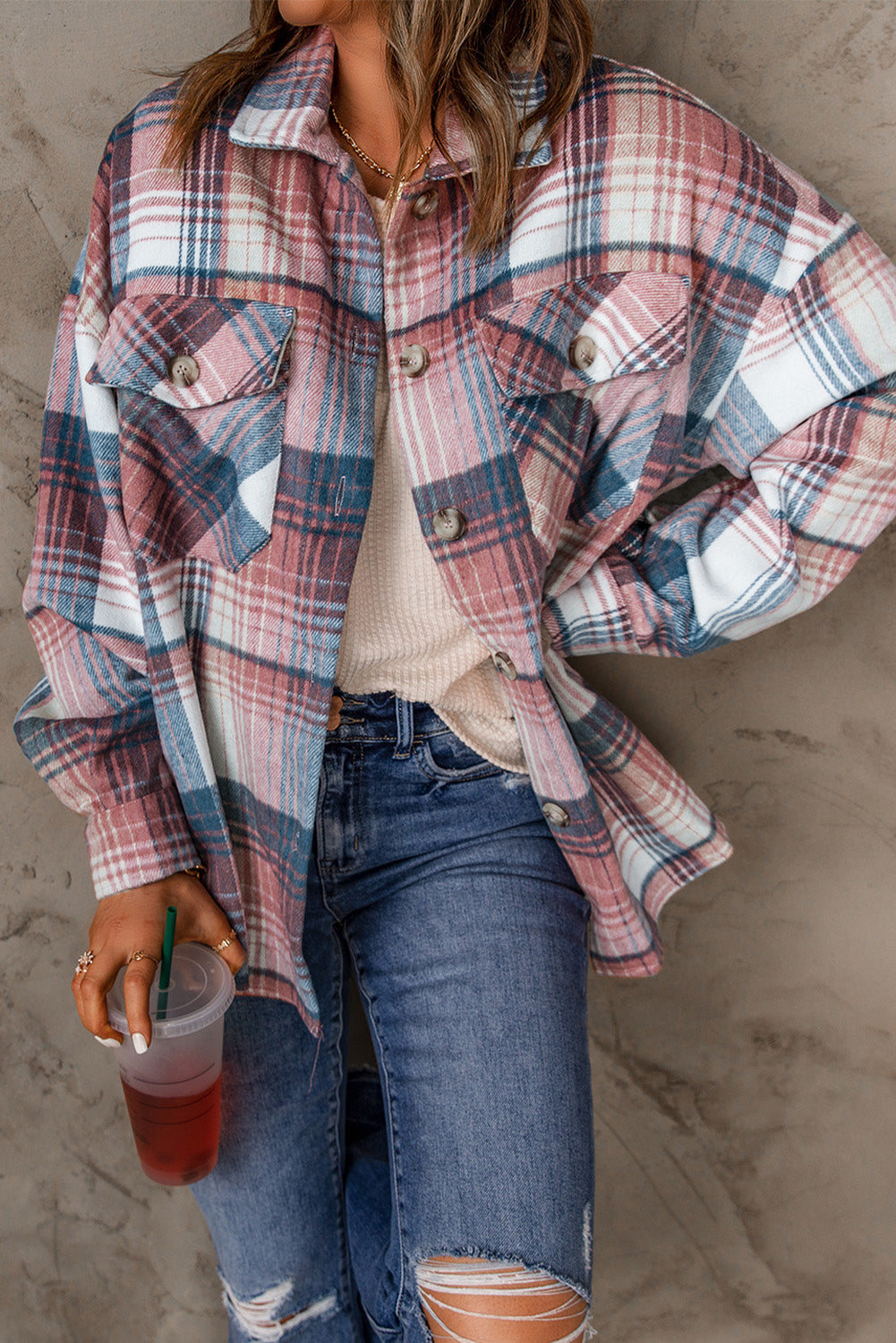 Pink & Grey Plaid Button Up Collared Flannel Shacket