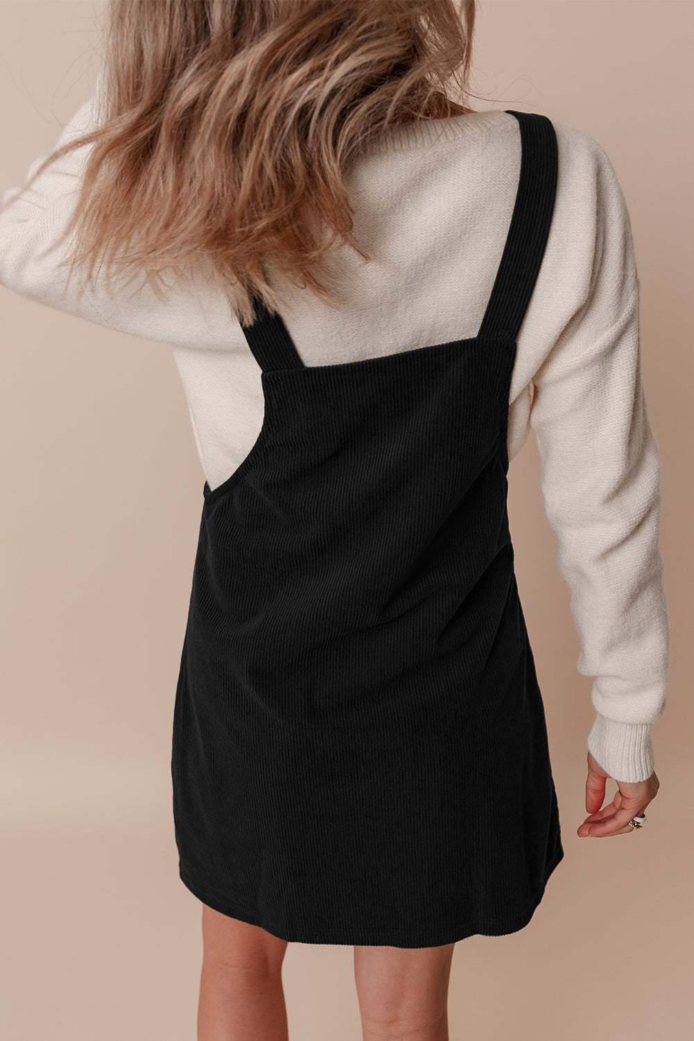 Black Solid Front Pockets Sleeveless Corduroy Overall Dress