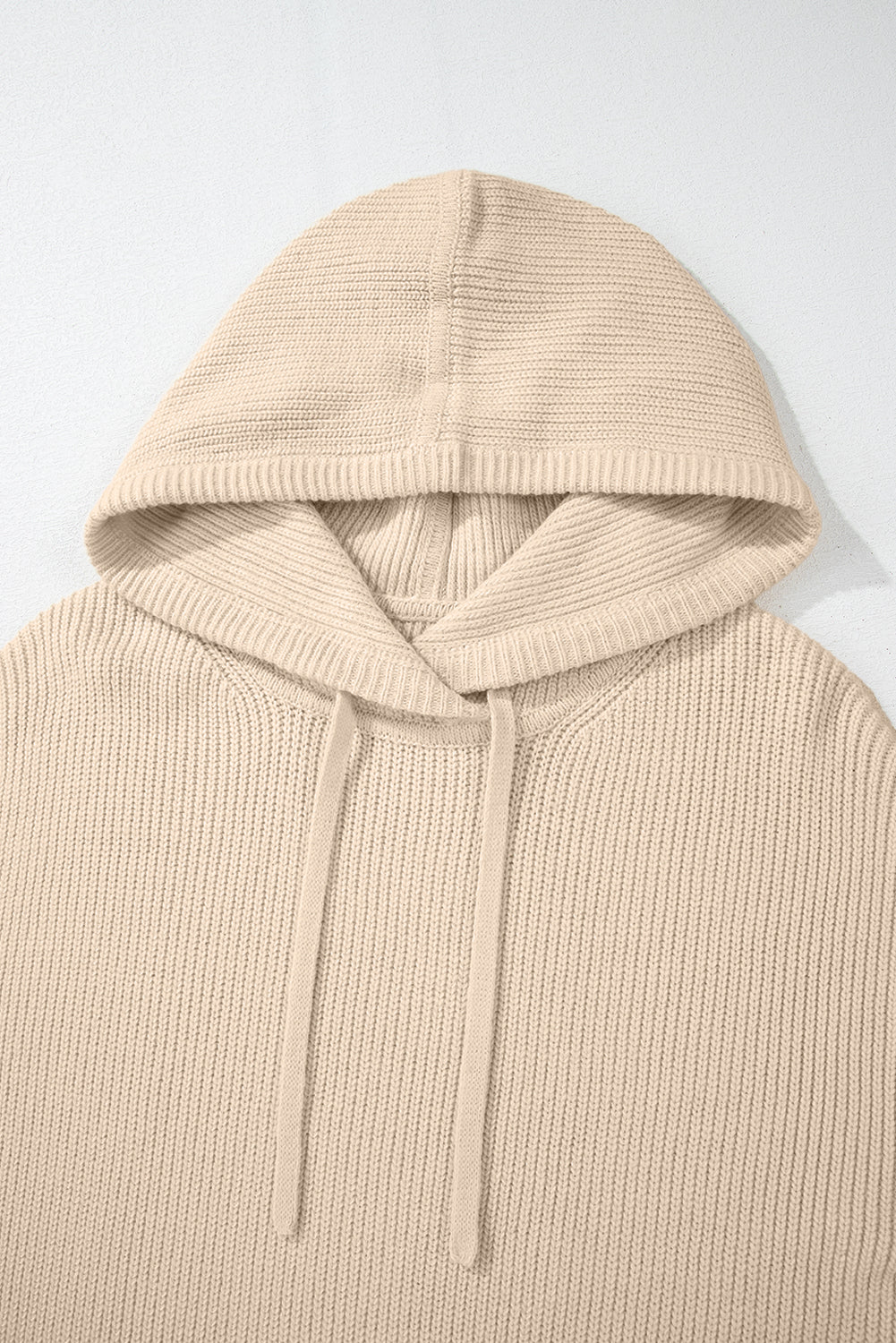 Beige Solid Color Drawstring Hooded Drop Shoulder Pullover Sweater