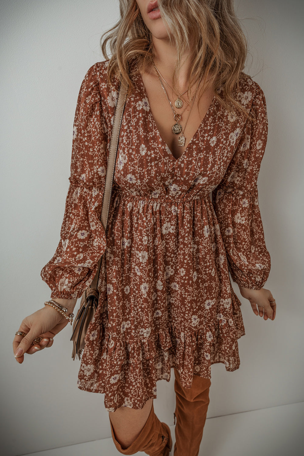 Brown Boho Floral Ruffled Puff Sleeve V Neck Mini Dress