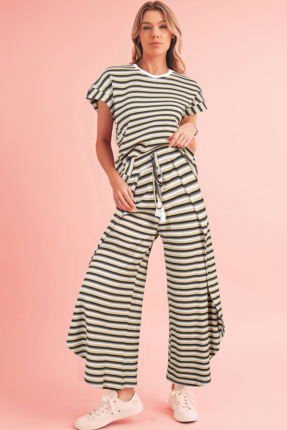 Pink Stripe Rainbow Tee and Tassel Drawstring Wide Leg Pants Set