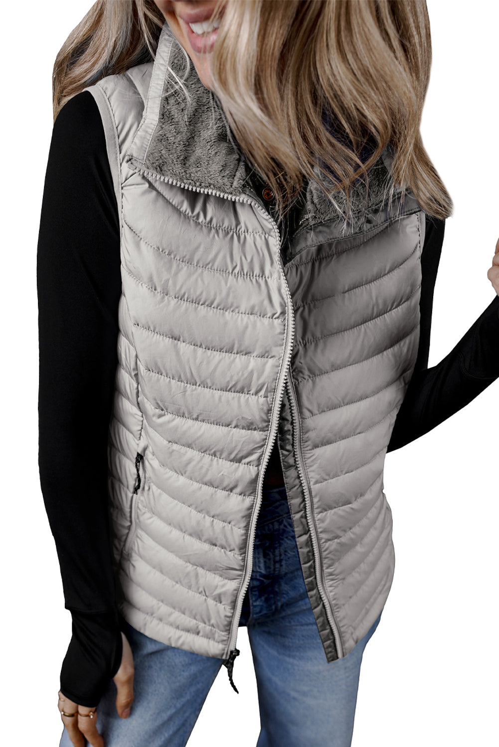 Sky Blue Plush Collared Quilted Zipped Puffer Vest